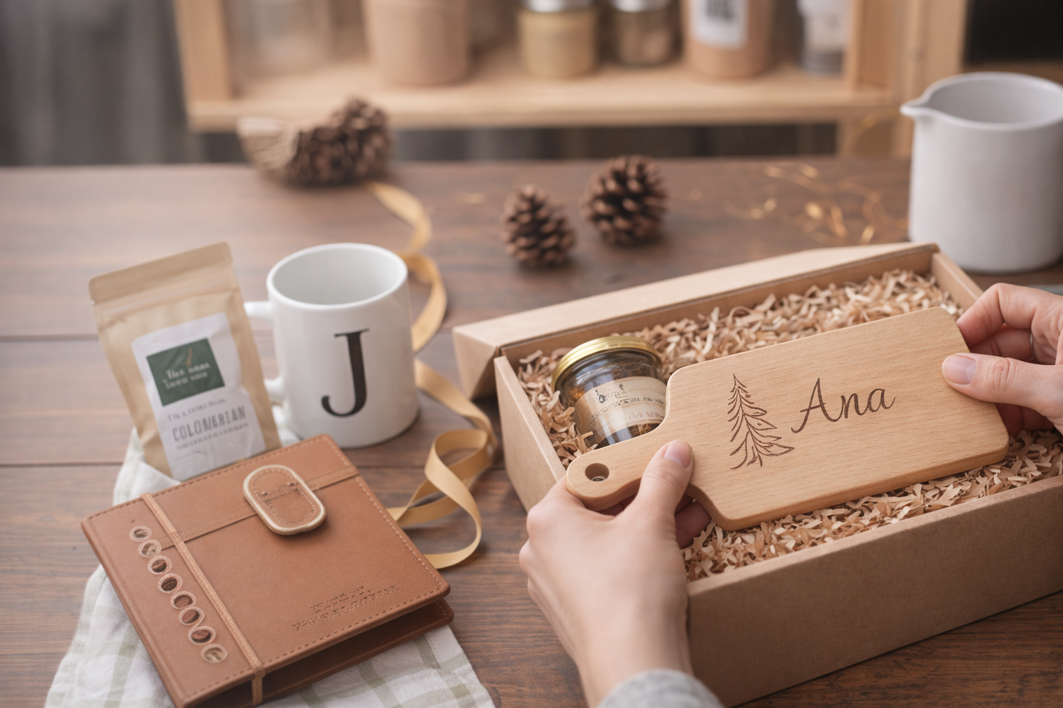 Personalizirana darila in darilni paketi - roke polagajo gravirano leseno desko v darilno škatlo