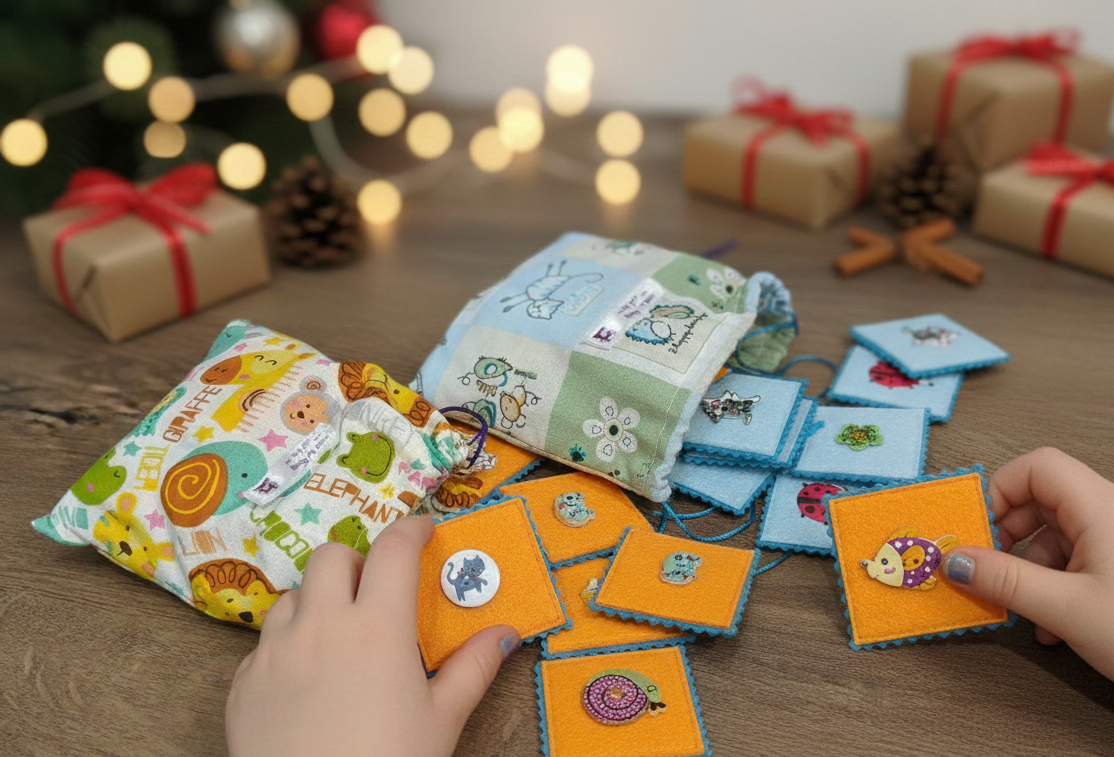 Otroška igra spomin iz filca in gumbov - ročno izdelana, razvija koncentracijo in spomin