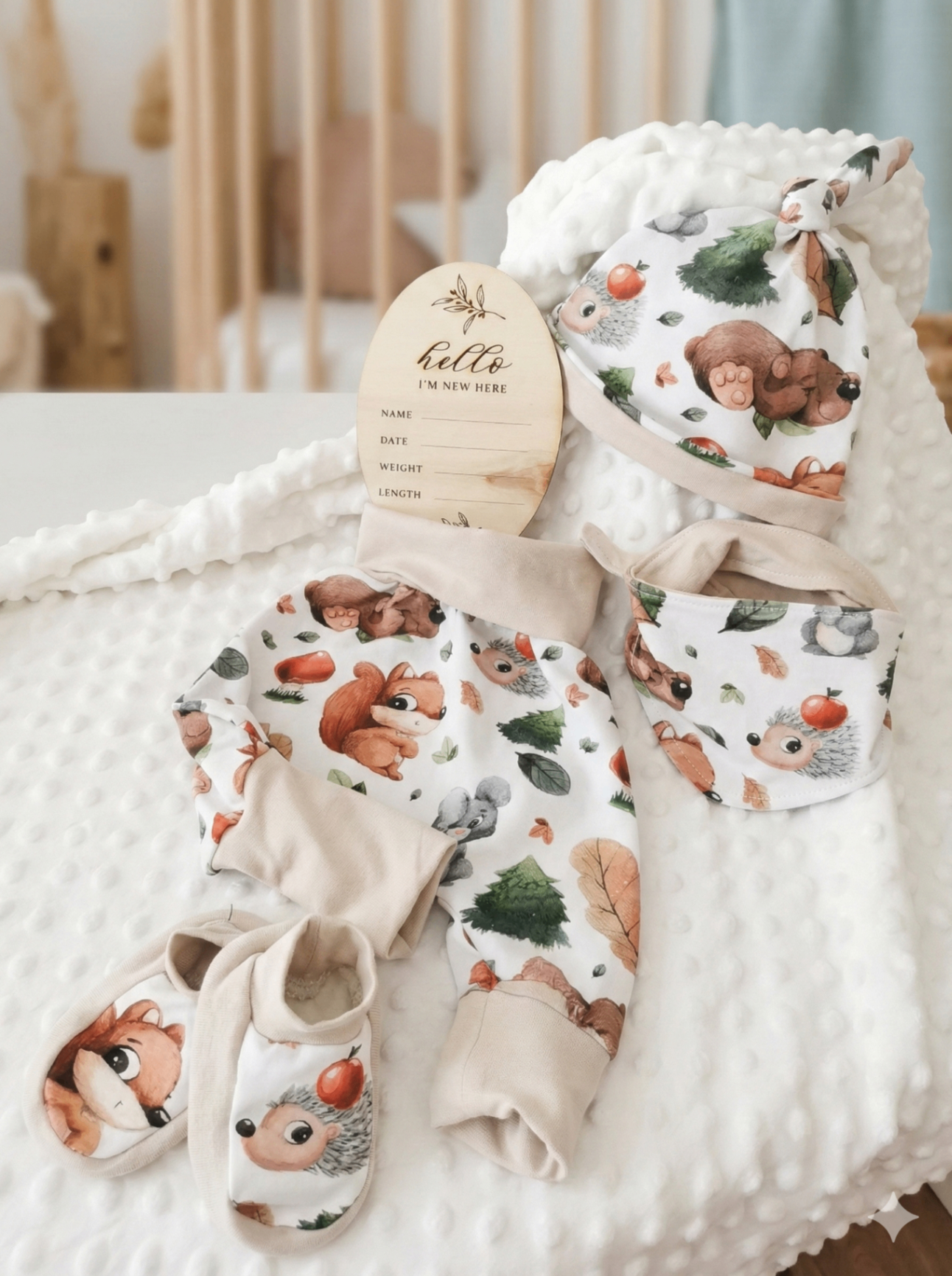 Otroški kompletek za novorojenčka - kapica, hlače, ruta in copatke iz mehkih naravnih materialov