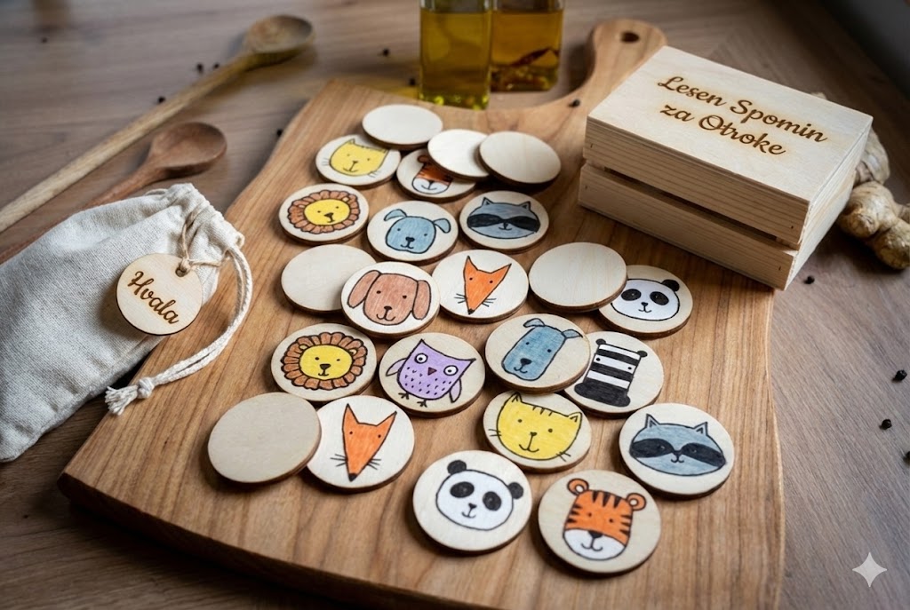 Lesen spomin za otroke - 10 parov živalic z možnostjo gravure imena, razvija spomin in koncentracijo